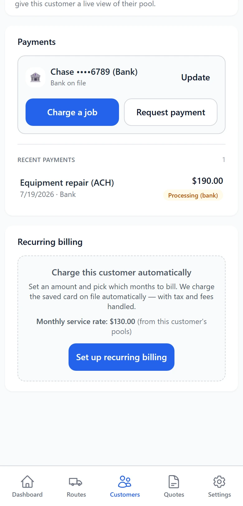 Bank account on file with an ACH payment processing