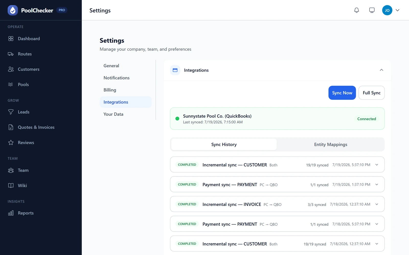 QuickBooks sync history